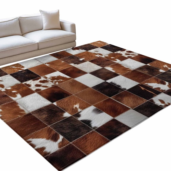Abstract Plaid 6x9ft Non Slip Area Rug Dark Brown Checkerboard Texture Patchwork Washable Soft Area Rugs for Living Room, Indoor Circle Carpet for Bedroom Dining Room Kitchen