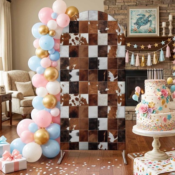 Abstract Plaid Arch Backdrop Covers 4 FT, Dark Brown Checkerboard Texture Patchwork Stretchy Fitted Arched Stand Covers Party Arch Stand Cover Photo Booth for Wedding Birthday Decor