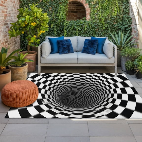 Abstract Plaid Indoor Outdoor Rugs 5x8 Ft, 3D Twisted Abstract Black White Block Outdoor Patio Rugs Mat Washable Outside Area Rugs Carpet for Porch Deck RV Camping Pool Balcony Backyard