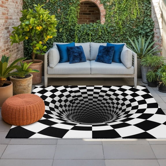 Abstract Plaid Indoor Outdoor Rugs 5x8 Ft, Twisted Black White Checkerboard Outdoor Patio Rugs Mat Washable Outside Area Rugs Carpet for Porch Deck RV Camping Pool Balcony Backyard