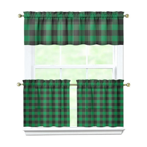 Abstract Plaid Kitchen Curtains Set - Buffalo Vintage Retro Colorful Checkered Checkerboard Rustic Farmhouse Classic Red Black Striped Moroccan Geometric Drapes