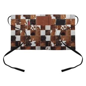 Abstract Plaid Kitchen Restaurant Half Waist Apron, Dark Brown Checkerboard Texture Patchwork Server Short Apron with 3 Pockets Waterproof Oil Waist Aprons for Women Waitress Waiter