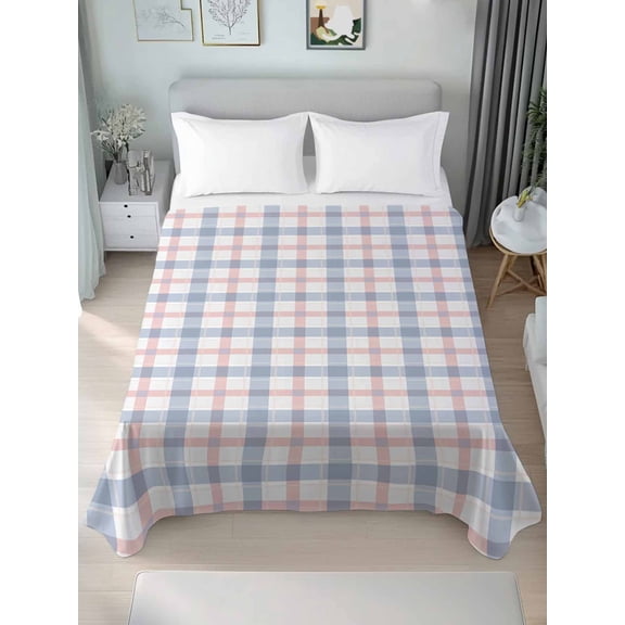 Abstract Plaid, Queen Size Flat Sheet, Wrinkleproof & Fadeproof Cooling Flat Bed Sheet Only, Minimalistic Multi Colors Country Rustic Plaid Breathable Soft Bedding Top Sheets 90 x 102 Inches