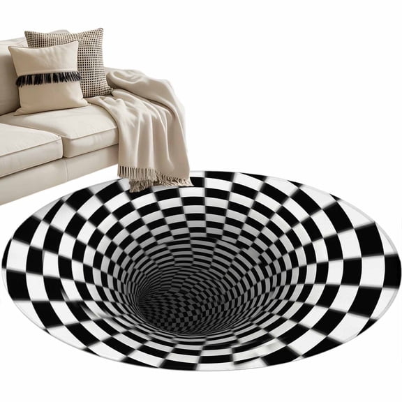 Abstract Plaid Small Round Rug 3Ft Black White Checkered Spiral Illusion Tunnel Interior Area Rugs Washable Non Slip Indoor Floor Mats Circle Carpet for Living Room Bedroom Dining Room Home Decor