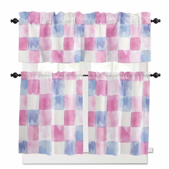 Abstract Plaid Spring Kitchen Curtains Valances and Tiers Set of 3, 24 Inch Length Tier Curtains and Valance Rod Pocket Valance Curtains Set for Kitchen Bathroom Small Windows