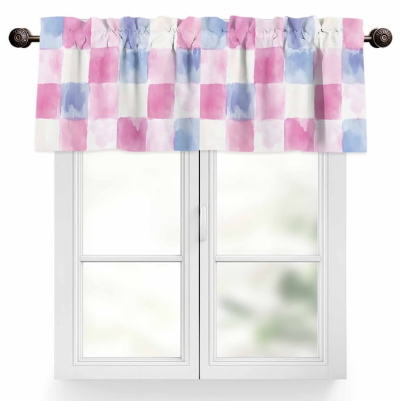 Abstract Plaid Spring Valances for Windows, 42 x 12in, Pink Blue Purple Colorful Tartan Rod Pocket Kitchen Valance Curtain Light Filtering Window Treatments for Living Room Bedroom, 1 Panel