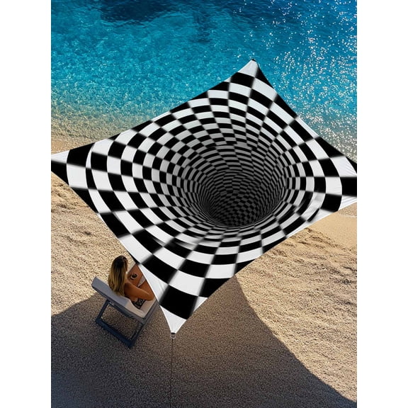 Abstract Plaid Sun Shade Sail 6.5' x 10', 3D Twisted Abstract Black White Block Rectangle Outdoor Sunshade Canopy, Waterproof UV Block Patio Covers for Garden Yard Beach