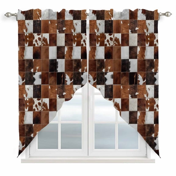 Abstract Plaid Swag Curtain Valance for Window 2 Panels Dark Brown Checkerboard Texture Patchwork Rod Pocket Small Window Swag Valances for Kitchen Bedroom Bathroom 28" W x 36" L