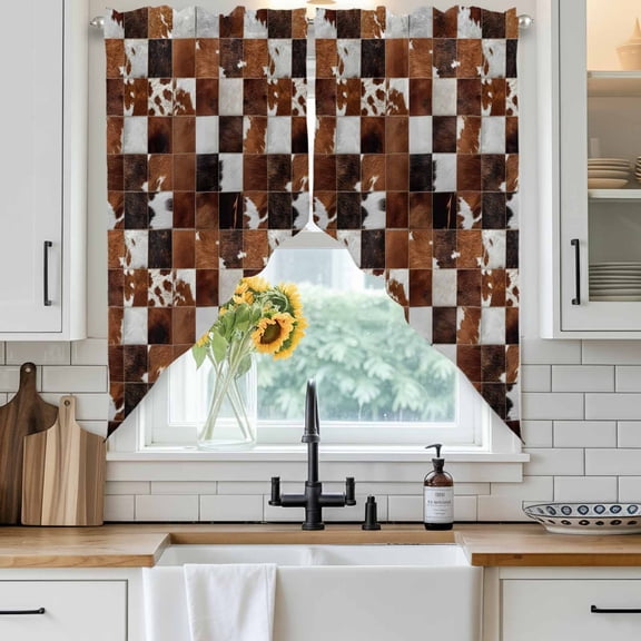 Abstract Plaid Swag Curtain Valance for Windows, Dark Brown Checkerboard Texture Patchwork Window Treatments Short Swag Topper for Kitchen Windows Bathroom Bedroom, 36"x36"