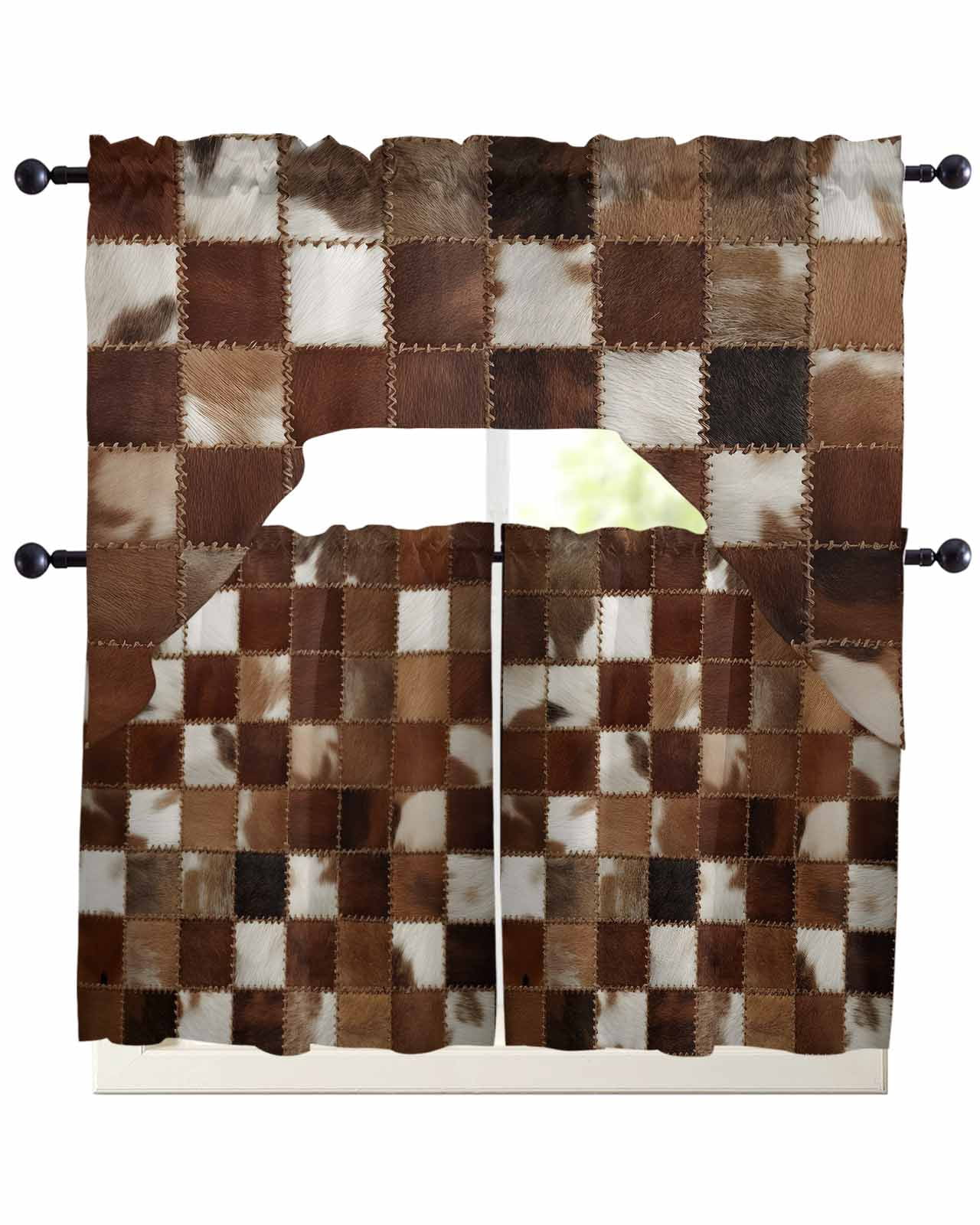 Patchwork Swags Abstract Plaid Swag Valance for Window, 3 Piece Dark Brown Checkerboard ...