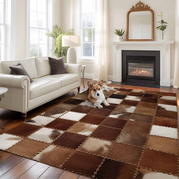 Abstract Plaid Washable Area Rug 6x9 Dark Brown Checkerboard Stitching Texture Patchwork Low-Profile Large Area Rugs with Non Slip Backing Indoor Floor Carpet for Entrance Living Room Bedroom