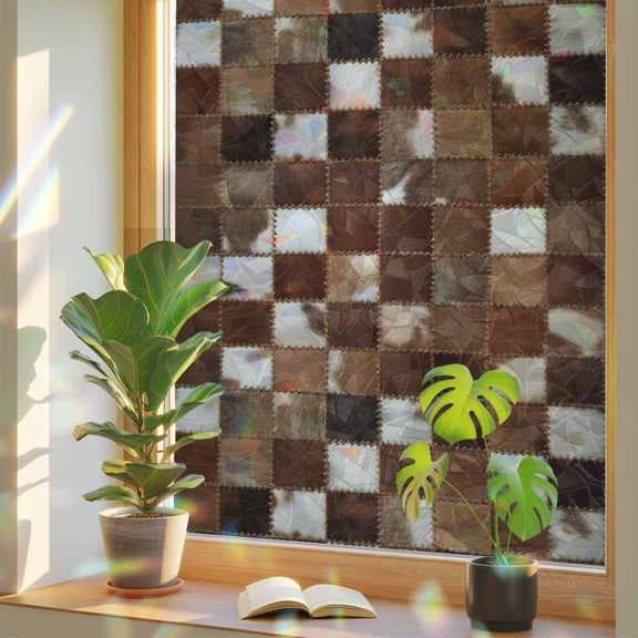 Abstract Plaid Window Privacy Film, Dark Brown Checkerboard Stitching Texture Patchwork Stained Glass Rainbow Film Decorative Window Clings, Static Cling Sun Blocking Stickers 17.7" x 39.3"