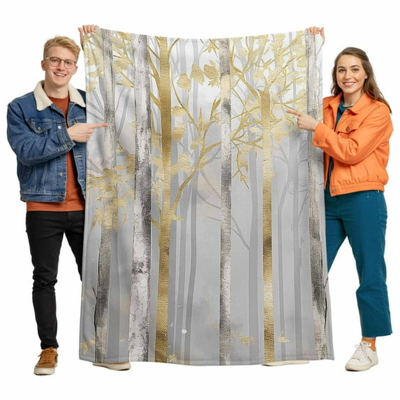 Abstract Plant Flannel Blanket for Bed,Travel and Camping, Trees Forest Gold Oil Painting Super Soft Cozy Blanket for All Seasons 60"x80"
