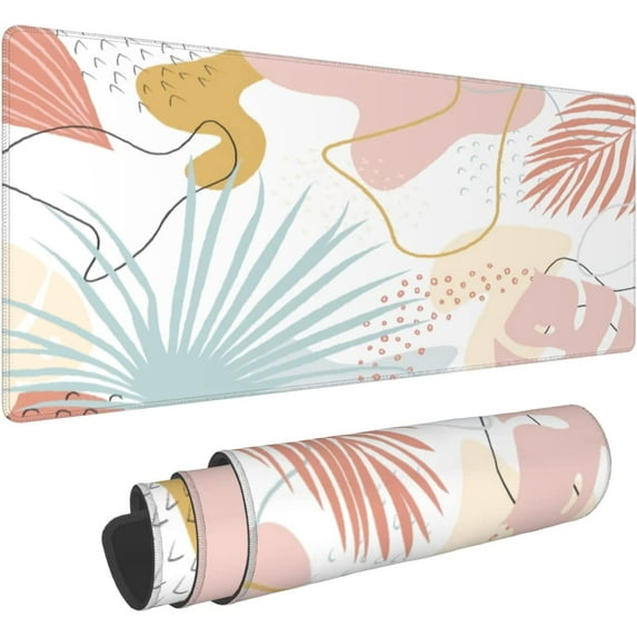 Abstract Plant Large Mouse Pad XL Boho Pink Palm Leaf Gaming Mouse Pad with Non-Slip Rubber Base Mousepad Stitched Edges Desk Pad Laptop Desk Pad Computer Keyboard Mouse Mat 31.5×11.8 Inch