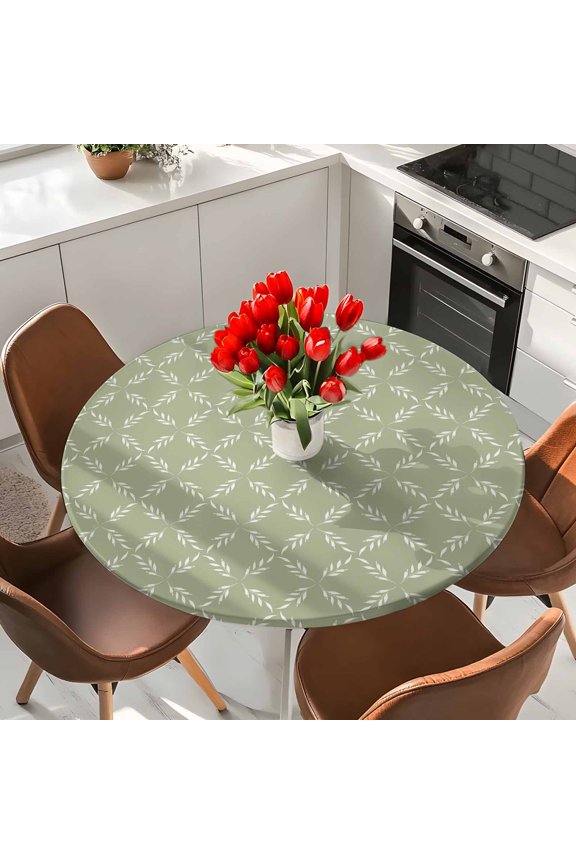 Abstract Plant Leaf Lattice Round Fitted Tablecloth with Elastic Edge,Waterproof Table Cloth Fits Tables Up to 36"-44",Wipeable Table Cover for Indoor Outdoor Dinning,Vintage Botanical on Sage Green