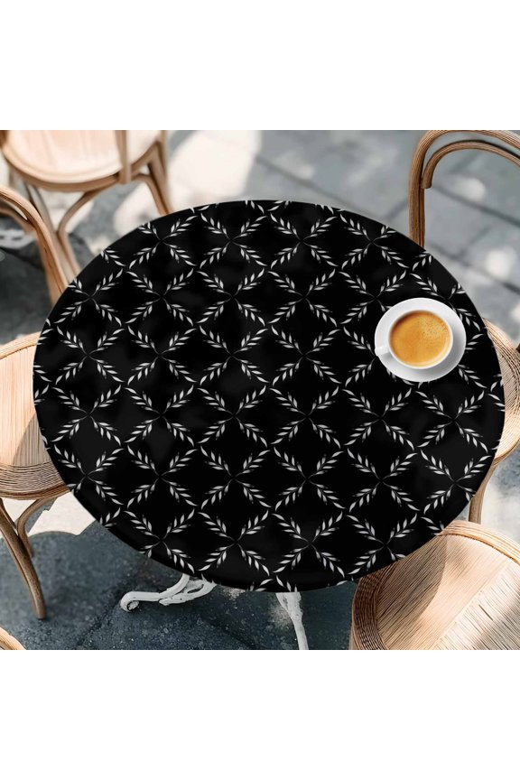 Abstract Plant Leaf Lattice Round Fitted Tablecloth with Elastic Edge,Waterproof Table Cloth Fits Tables Up to 36"-44",Wipeable Washable Table Cover for Indoor Outdoor,Vintage Botanical on Black