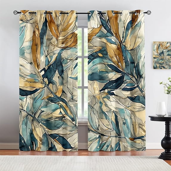 Abstract Plant Leaves Window Curtain Panels, Yellow Blue Gradient Lines Room Darkening Blackout Curtain, Thermal Insulated Window Drapes For Bedroom 38"W x 45"L (Pack of 2)