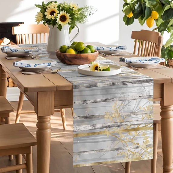 Abstract Plant Table Runner, Trees Forest Gold Oil Painting Washable ...