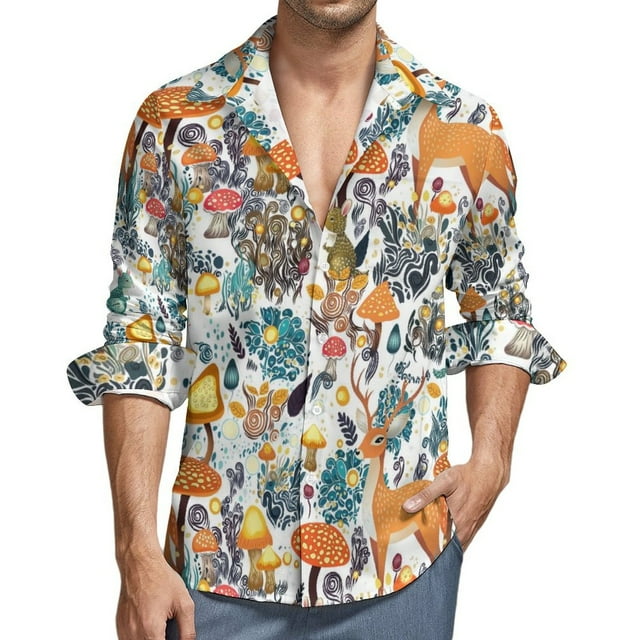 Abstract Plants Mushroom Deer Mens Long Sleeve Button Down Shirts