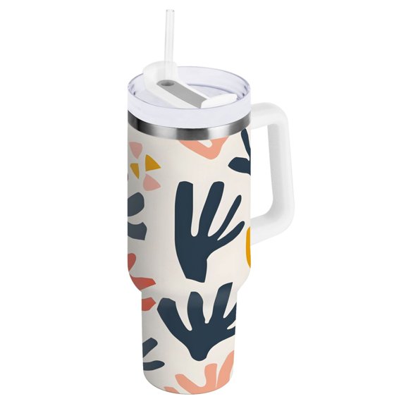Abstract Playful Shape Tumbler with Handle and Straw Lid 40 oz Insulated Vacuum Water Bottle Stainless Steel Travel Cup