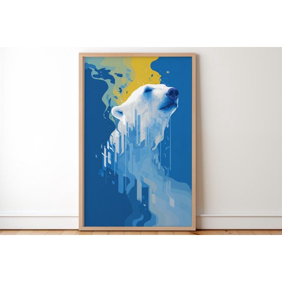 Abstract Polar Bear Art Print Minimalist Graphic Wildlife Blue And Gold Illustration Gift Idea For Him Her, Unframed Paper Print