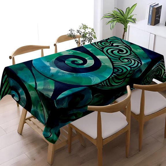 Abstract Polynesian Green Spiral Print Tablecloth, Living Room Kitchen Banquet Indoor Decor, Tropical Tribal Textile Table Cover, Thanksgiving Christmas Gift