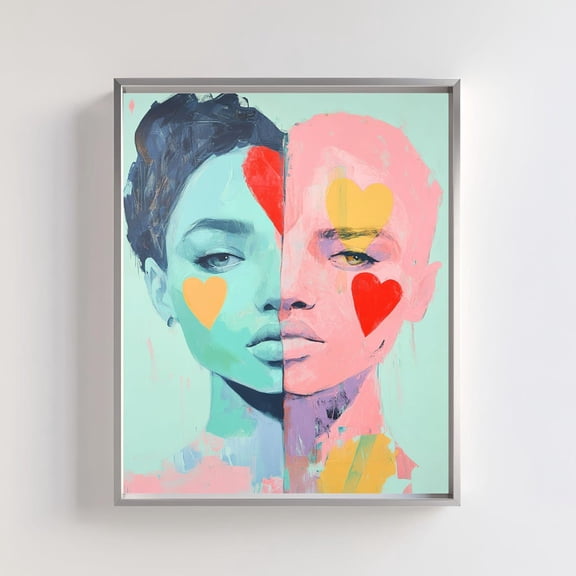 Abstract Portrait Art Print, Colorful Modern Face Decor, Split Face, Contemporary Wall Art, Acrylic Heart Shape Art Wall Art, Modern Wall Decor, 24x36 UNFRAMED