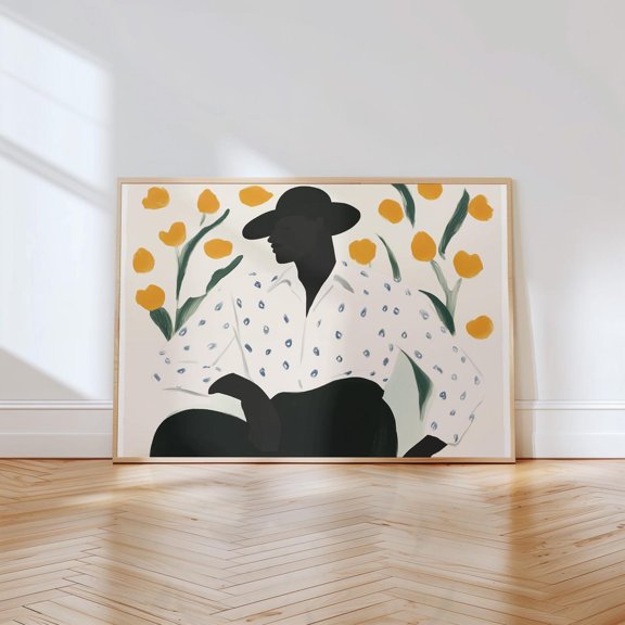 Abstract Portrait Art Print, Figure With Black Hat, Floral Backdrop, Modern Minimalist Decor, Stylishbold Home Print Wall Art, Modern Wall Decor, 12x18 UNFRAMED