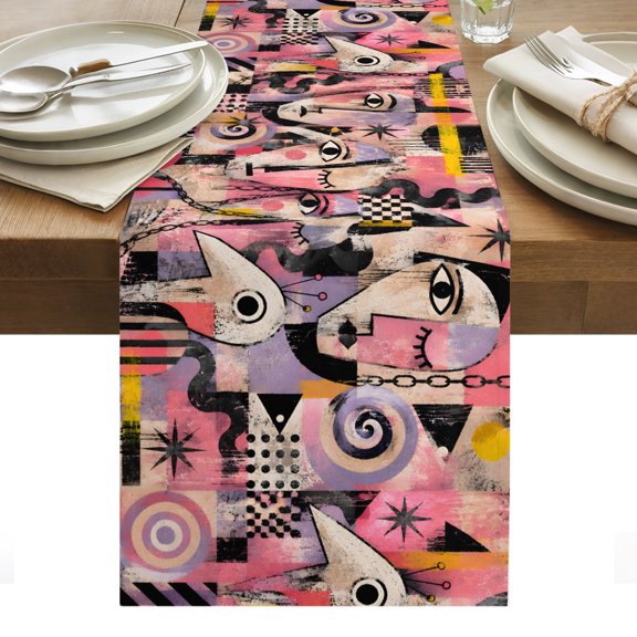 Abstract Portrait Faces Table Runner, Vintage Pink Purple Black Pattern Squares Washable Kitchen Table Runners Dress Scarves for Dining Table Decorations Party/Restaurant/Indoor Outdoor Use, 13x36in