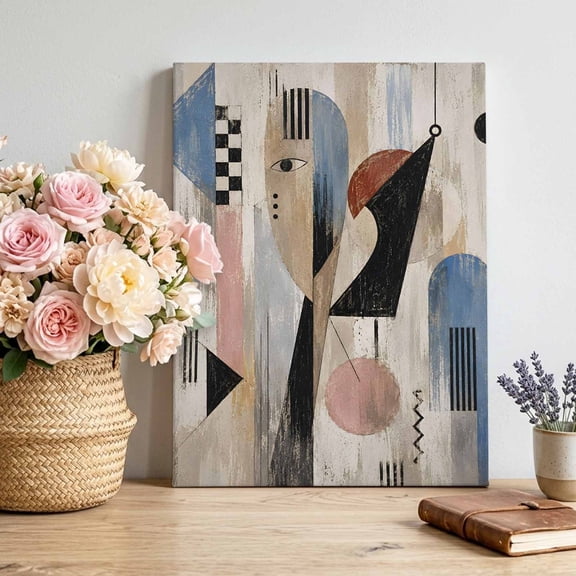 Abstract Portrait Profile Canvas Wall Art for Living Room, Vintage Blue Tan Black Motif Blocks Poster Print Painting for Bedroom Office Home Decoration Wall Pictures Prepare To Hang 8"x10"