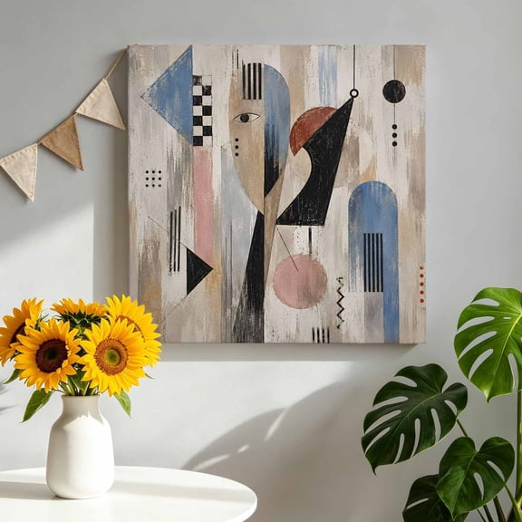 Abstract Portrait Profile Canvas Wall Art, Vintage Blue Tan Black Motif Blocks Pictures Wall Decor Wooden Framed Artwork Art Prints for Living Room Hallway Bedroom Office 8"x8"