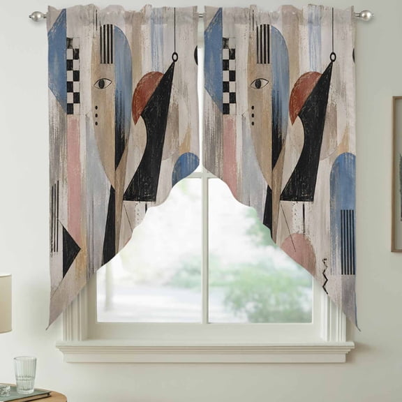Abstract Portrait Profile Swag Kitchen Curtain Valances, Vintage Blue Tan Black Motif Blocks Rod Pocket Curtains Window Treatment Decor Valances for Bedroom Bathroom, 2 Panels 28 x 36 Inch