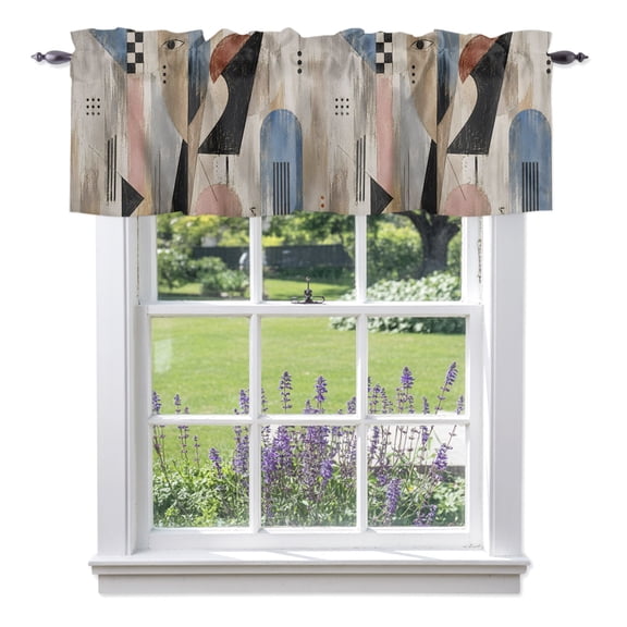 Abstract Portrait Profile Valances for Windows, Vintage Blue Tan Black Motif Blocks Rod Pocket Short Window Valance Curtains Holiday Window Treatment for Kitchen Living Room Bathroom 42" x 12"