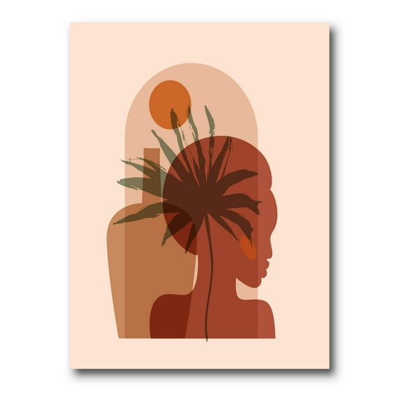 Abstract Pretty Girl Portrait and Tropical Palm Leaf 16 in x 32 in Painting Canvas Art Print, by Designart