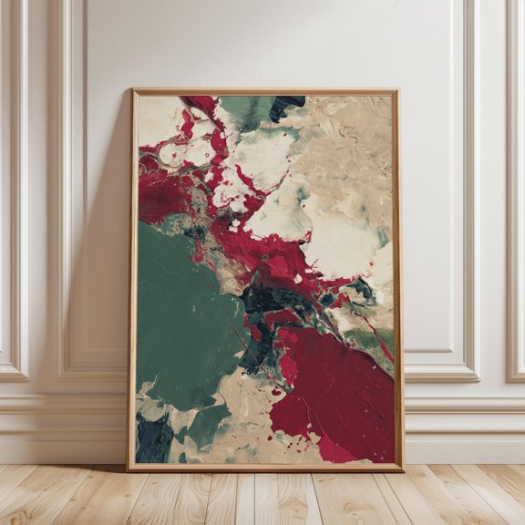 Abstract Print Bold Red Beige Green Strokes Modern Neutral Decor, Unframed Paper Print
