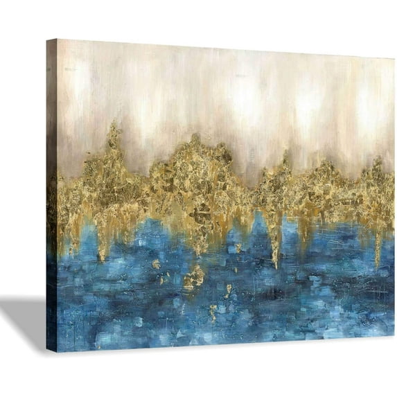Abstract Print Canvas Wall Art: Blue Gold Artwork Picture Small Size for Bedroom (16” x 12'''' x 1 Panel)