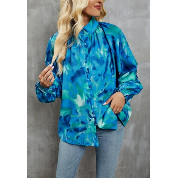 Abstract Print High Neck Shirt, Blue, Large