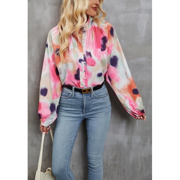 Abstract Print High Neck Shirt, Pink, Small