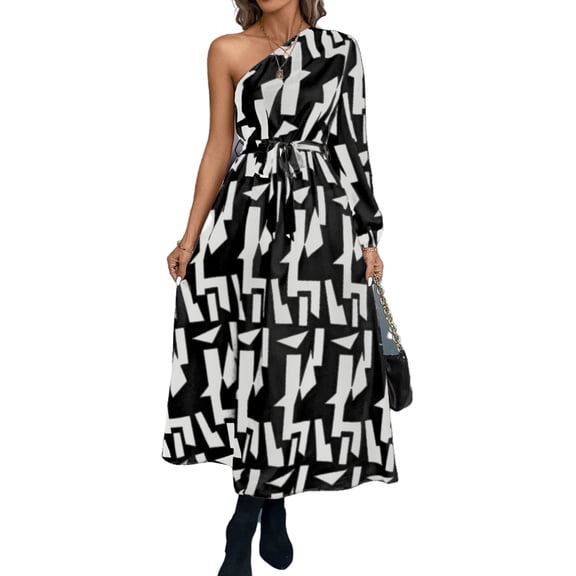 Abstract Print One Shoulder Long Sleeve Dress for Women Ankle Length