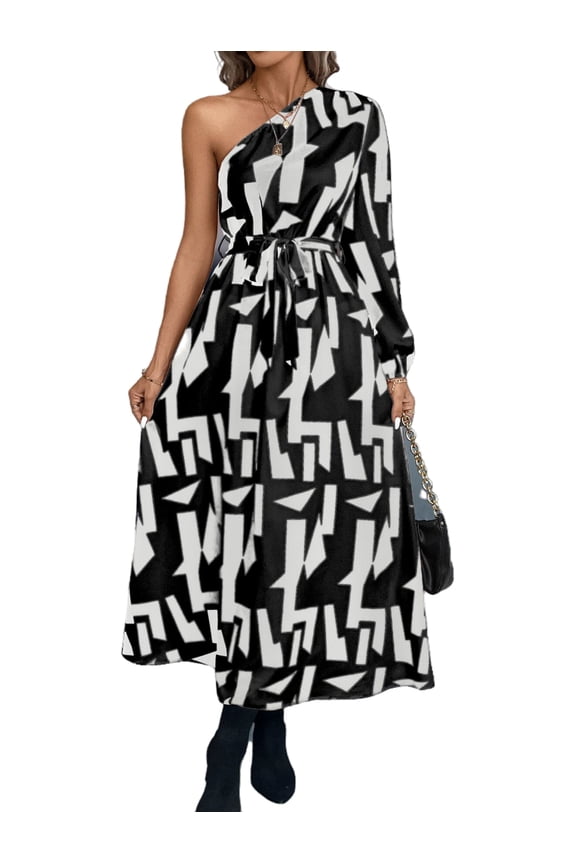 Abstract Print One Shoulder Long Sleeve Dress for Women Ankle Length