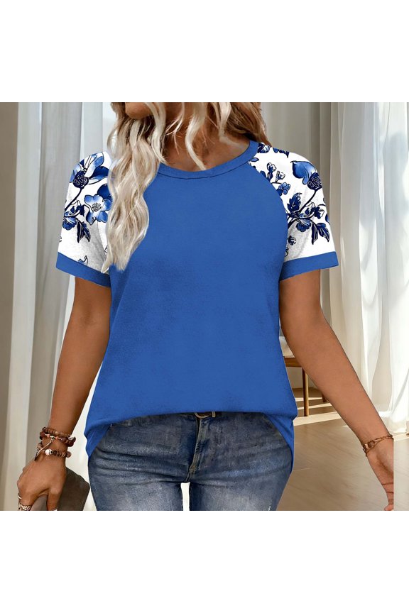 Abstract Print Raglan T-Shirt for Women Crewneck Short Sleeve Contrast Pattern Sleeve Design Loose Fit Casual Fashion Graphic Everyday Clothes