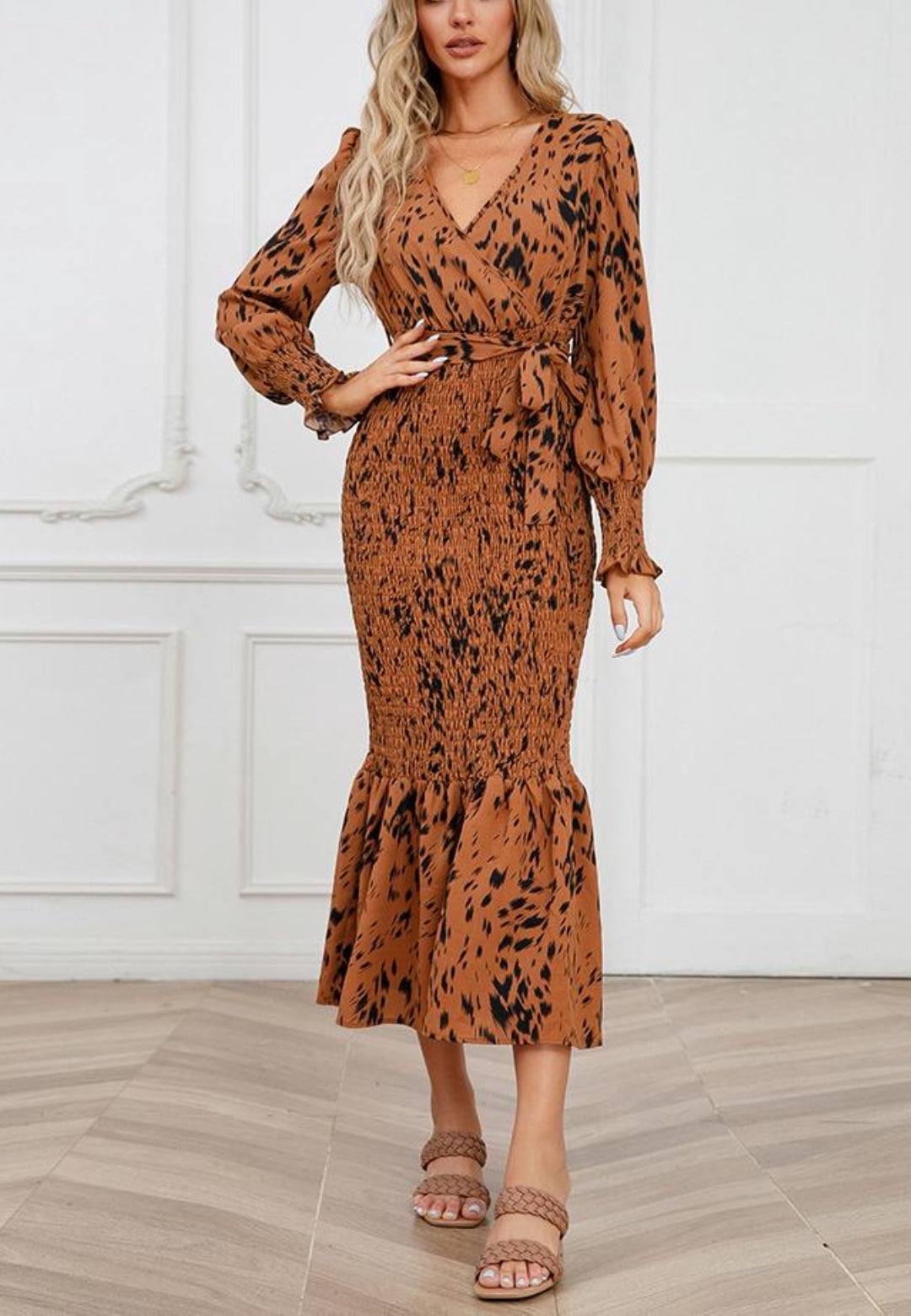 Abstract Print Shirred Bodycon Dress, Beige, Small