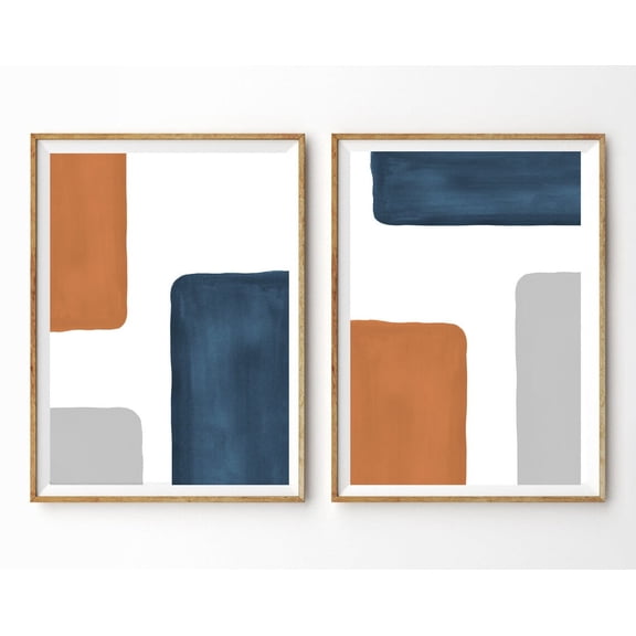 Abstract Prints Mid Century Modern Art Abstract Shapes Rust Blue Grey Art Print Modern Wall Decor Prints Set 2