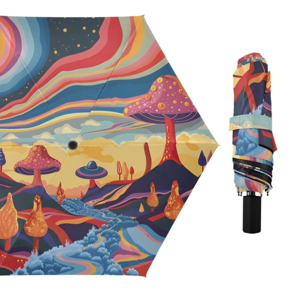 Abstract Psychedelic Mushroom Sun Compact Sun Umbrella Windproof Travel Umbrellas for Rain Strong Portable UV Protection