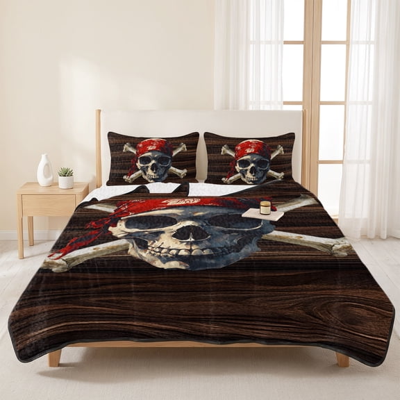 Abstract Punk Pirate Skull 3 Pieces Quilt Set,1 Quilt with 2 Shams,Crossbones on Brown Wood Board Bedspread Soft Lightweight Bedding Coverlet Comforter Set for All Season 96"x106"