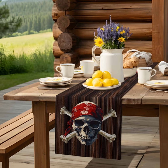 Abstract Punk Pirate Skull Table Runner 13x36in Non-Slip Cotton Linen Table Runners, Crossbones on Brown Wood Board Dresser Scarves TableRunner for Dinner Kitchen Dining Wedding Party