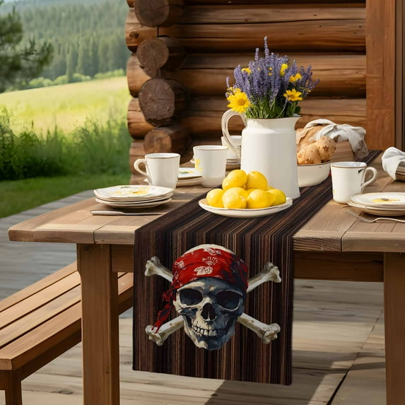 Abstract Punk Pirate Skull Table Runner 13x72in Non-Slip Cotton Linen Table Runners, Crossbones on Brown Wood Board Dresser Scarves TableRunner for Dinner Kitchen Dining Wedding Party