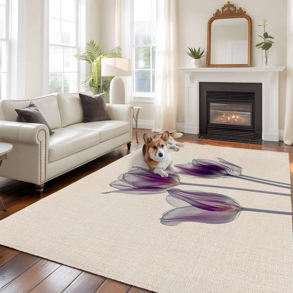 Abstract Purple 5x7 Area Rugs for Living Room, Tulip Ray Beige Texture Non Slip Floor Mat Washable Low-Profile Indoor Carpet for Bedroom, Dining Room, Bathroom
