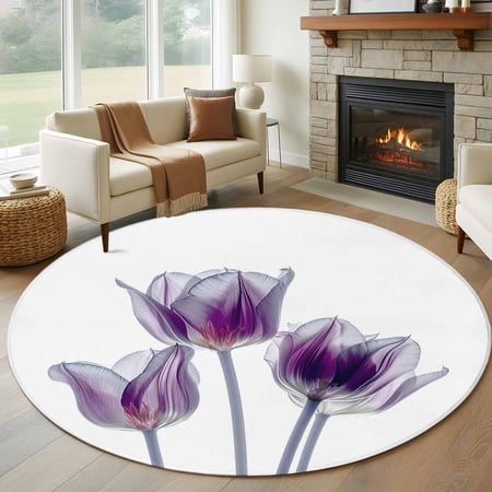 Abstract Purple 8FT Round Area Rugs for Living Room Tulip Ray White Texture Ultra-Thin Non-Slip Round Rugs Machine Washable Low Pile Circle Carpet for Bedroom Kitchen Nursery