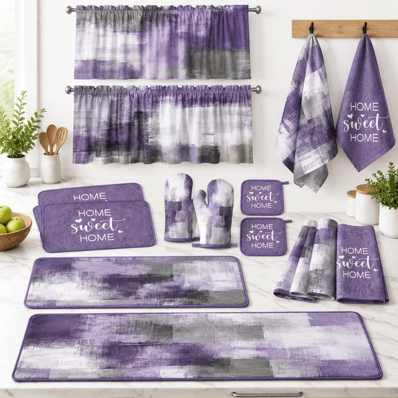 Abstract Purple Abstract 16-Piece Kitchen Linen Set with Towels, Rugs, Mitts, Potholders, Placemats and Curtains